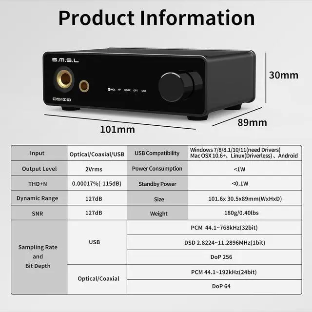 Alt view image 7 of 7 - SMSL DS100 USB DAC Surport MQA MQA-CD Decode with 6.35mm & Balanced 4.4mm Headphone Amplifier CS43131 Chip Portable DAC XU316 768kHz/32Bit DSD256 USB/Optical/Coaxial Desktop Stereo Audio DAC for PC