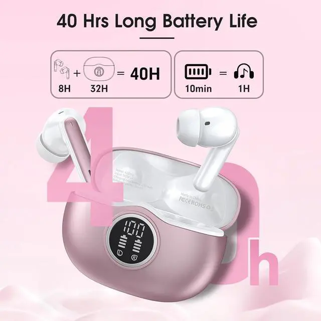Alt view image 4 of 7 - Wireless Earbuds Bluetooth 5.3 Headphones 40 Hrs Playtime with LED Display, Deep Bass Stereo and Noise Cancelling Bluetooth Ear Buds IP7 Waterproof Wireless Earphones for iPhone Android, Rose
