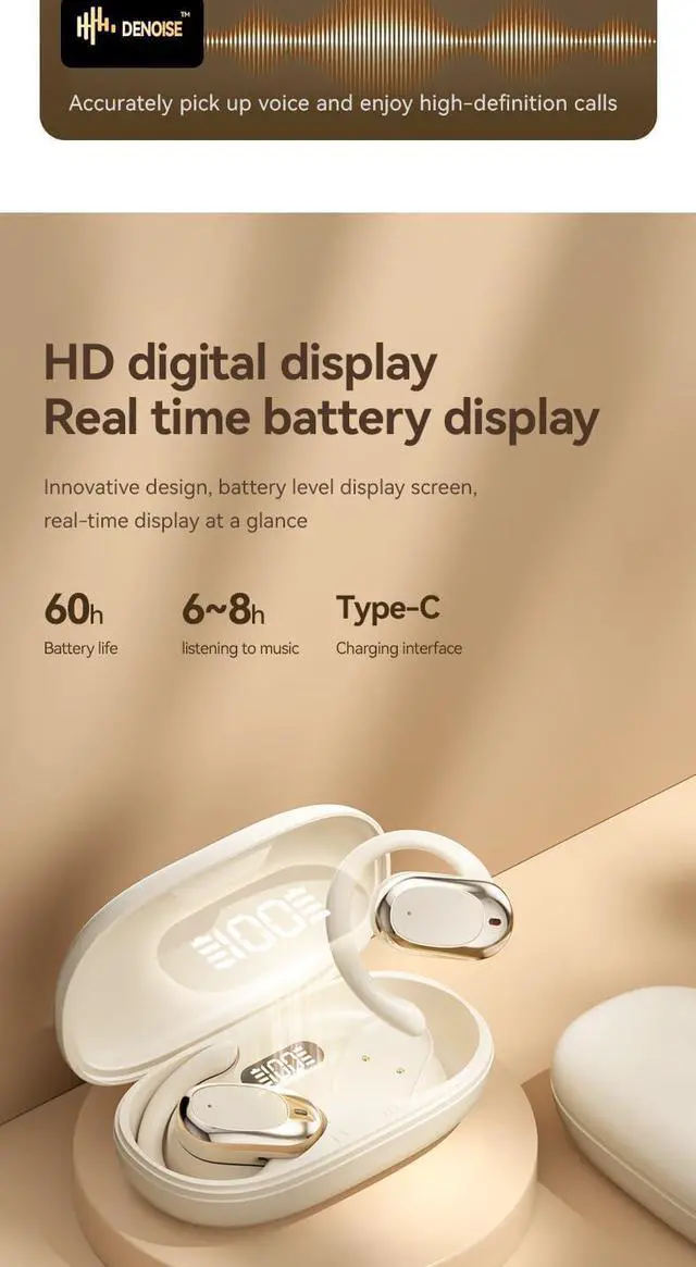 Alt view image 6 of 7 - Wireless Translation Open Ear Earbuds with Ear Hooks Open Ear Headphones Bluetooth 5.4 Sports Earphones Built-in Mic,Bilateral Stereo 60H Playtime for Running,Sports,Cycling,Driving,White