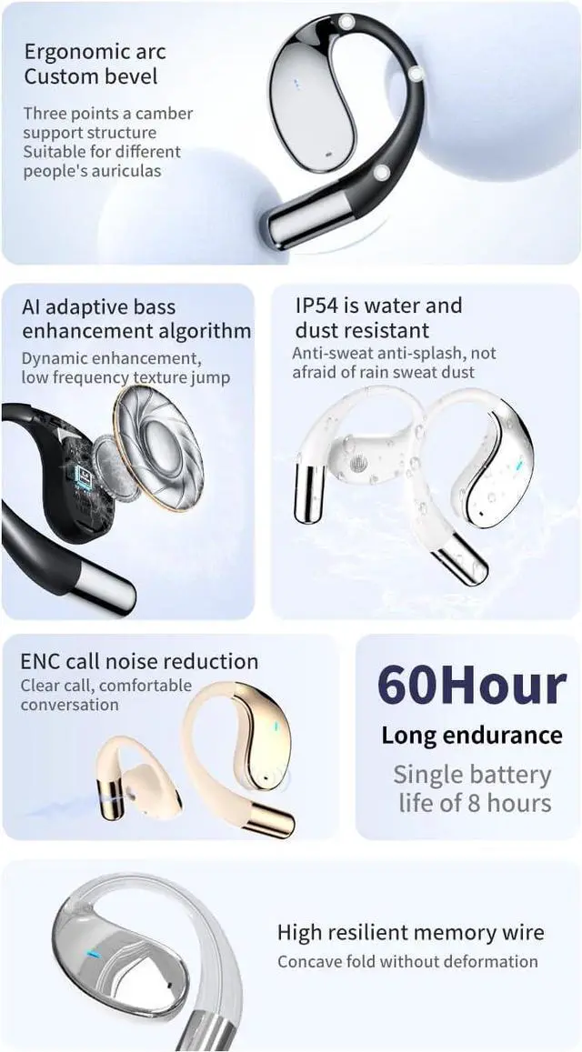 Alt view image 6 of 7 - Headphones Open Ear Earbuds with Ear Hooks Wireless Bluetooth V5.4 Earphones with ENC Call Noise Reduction,60 Hours Playtime IPX5 Waterproof Sport Headphones for Running,Cycling,Driving,Black