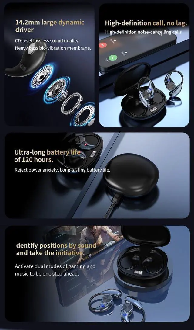 Alt view image 3 of 7 - Open Ear Headphones Bluetooth 5.4 Wireless Earbuds Hooks, Noise Reduction for Call,,120 Hours Playtime & Mic Clear Call Sports,IPX5 Waterproof Sports Fitness Ear Buds for Running Fitness-Beige