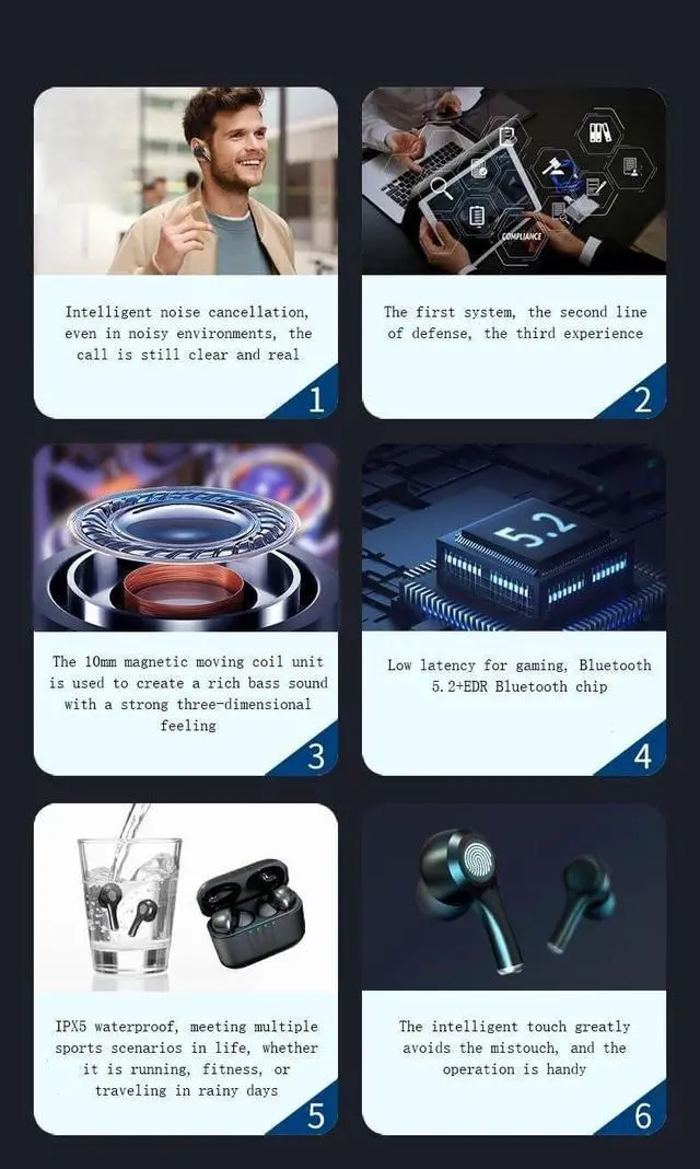 Alt view image 4 of 7 - Wireless Earbuds -in Ear Headphones Wireless Ear Buds Sport Earbuds Bluetooth 5.2 Touch Sensing Deep Bass Stereo and Noise Cancelling with Charging Case, Built-in ENC Noise Cancelling Mic(Black)