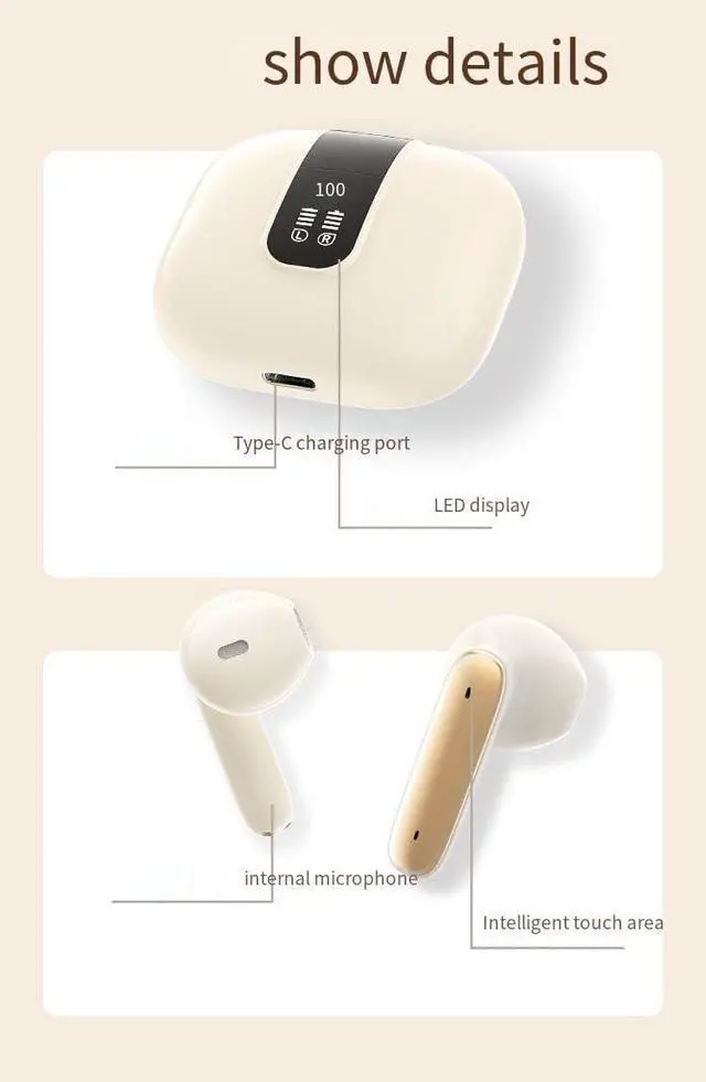 Alt view image 5 of 6 - Wireless Earbuds -Wireless Ear Buds Bluetooth 5.4 in Ear Sport Headphones Deep Bass Stereo and Noise Cancelling Bluetooth Ear Buds with LED Display,Built-in ENC Noise Cancelling Mic(White)