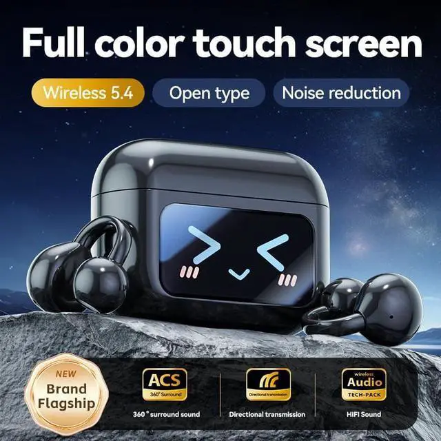 Alt view image 2 of 7 - True Wireless Earphones Open Ear Translation Headphones Clip On Earbuds Wireless Bluetooth 5.4,12H Total Battery Life with LCD Full-Color Touch Screen,Ultra Lightweight for Comfortable Clip On,Purple