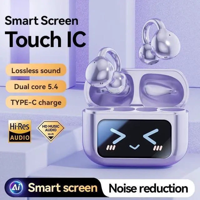 Alt view image 3 of 7 - True Wireless Earphones Open Ear Translation Headphones Clip On Earbuds Wireless Bluetooth 5.4,12H Total Battery Life with LCD Full-Color Touch Screen,Ultra Lightweight for Comfortable Clip On,Purple