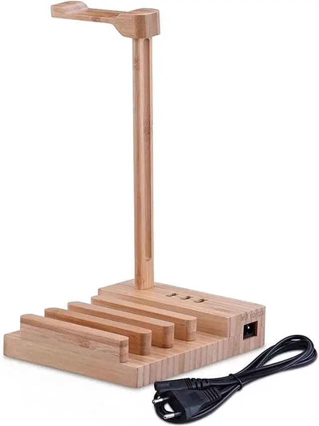Main image of Headphone Stand Headset Holder Headset Stand Power Strip 2 in 1 Desk Headset Holder with 3 USB Charging Ports,Wooden Phone Tablet Holder Earphone Hanger Holder Headphone