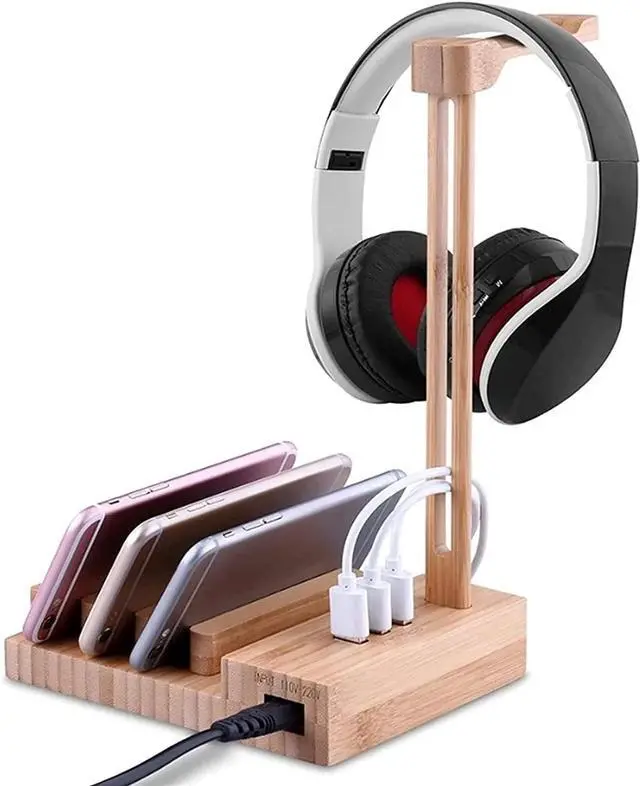 Alt view image 6 of 7 - Headphone Stand Headset Holder Headset Stand Power Strip 2 in 1 Desk Headset Holder with 3 USB Charging Ports,Wooden Phone Tablet Holder Earphone Hanger Holder Headphone