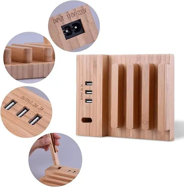 Alt view image 3 of 7 - Headphone Stand Headset Holder Headset Stand Power Strip 2 in 1 Desk Headset Holder with 3 USB Charging Ports,Wooden Phone Tablet Holder Earphone Hanger Holder Headphone