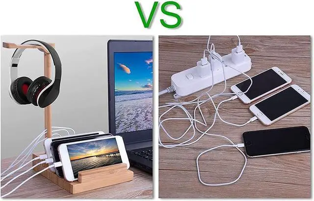 Alt view image 4 of 7 - Headphone Stand Headset Holder Headset Stand Power Strip 2 in 1 Desk Headset Holder with 3 USB Charging Ports,Wooden Phone Tablet Holder Earphone Hanger Holder Headphone