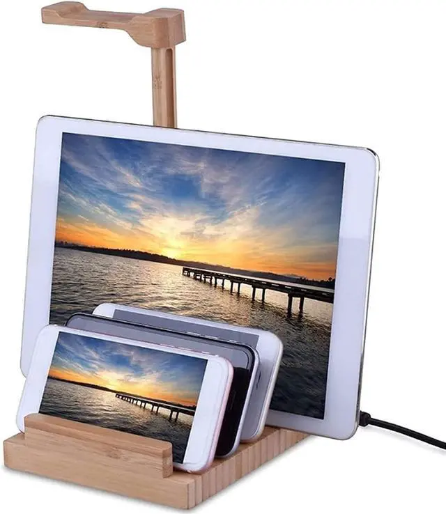 Alt view image 5 of 7 - Headphone Stand Headset Holder Headset Stand Power Strip 2 in 1 Desk Headset Holder with 3 USB Charging Ports,Wooden Phone Tablet Holder Earphone Hanger Holder Headphone
