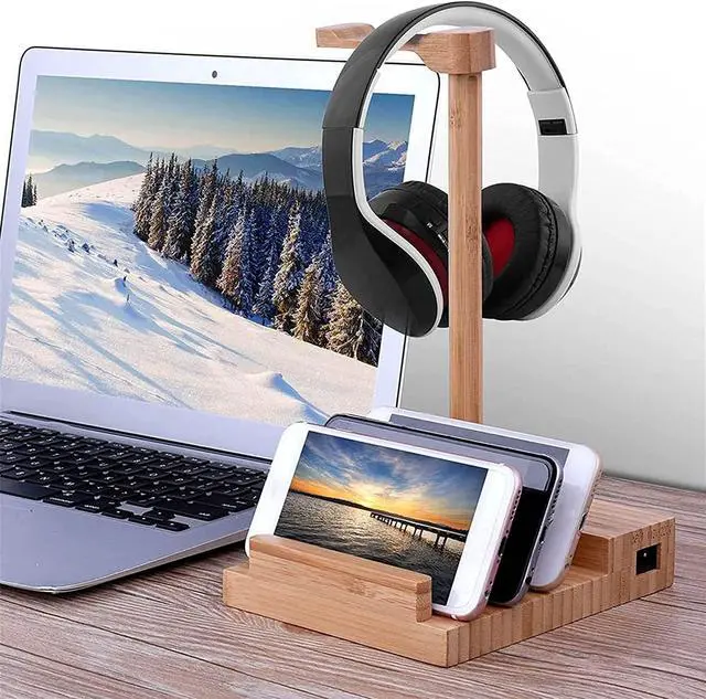 Alt view image 7 of 7 - Headphone Stand Headset Holder Headset Stand Power Strip 2 in 1 Desk Headset Holder with 3 USB Charging Ports,Wooden Phone Tablet Holder Earphone Hanger Holder Headphone