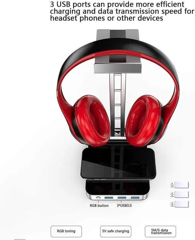 Alt view image 3 of 7 - Headphone Stand Headset Holder Headset Stand Aluminum Alloy Multi-Function Headphone Holder USB Interface Controllable RGB Color Light Headphone Holder Headphone Holder