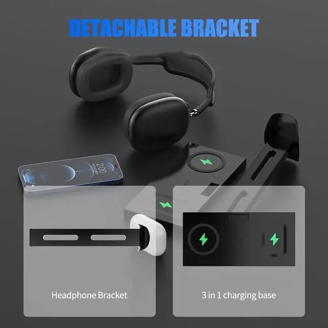 Alt view image 6 of 7 - Headphone Holder Headset Stand Headphone Stand 3in1 Headphones Holder Universal Earphone Stand with USB Type-C Port Support Wireless Charging Headset Holder