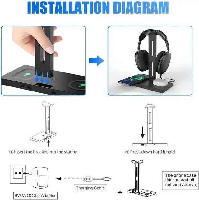 Alt view image 7 of 7 - Headphone Holder Headset Stand Headphone Stand 3in1 Headphones Holder Universal Earphone Stand with USB Type-C Port Support Wireless Charging Headset Holder