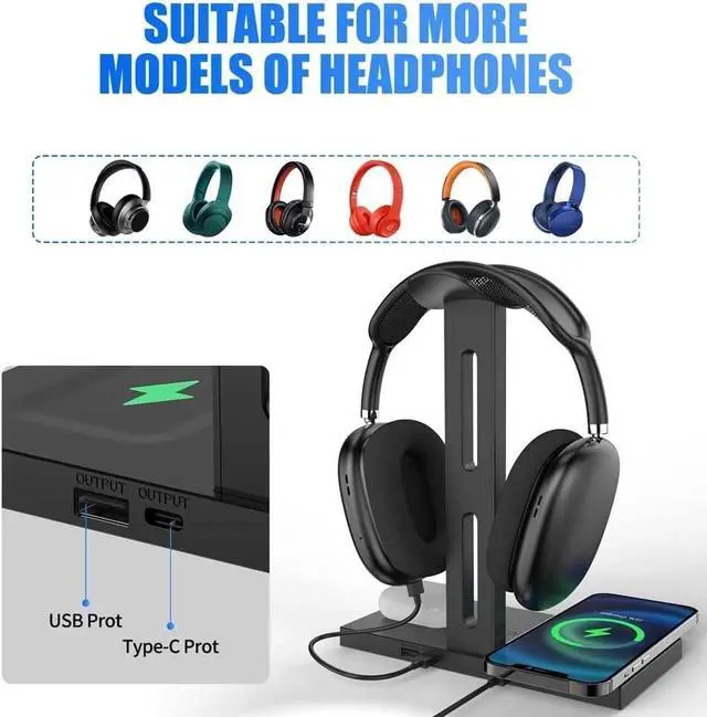 Alt view image 4 of 7 - Headphone Holder Headset Stand Headphone Stand 3in1 Headphones Holder Universal Earphone Stand with USB Type-C Port Support Wireless Charging Headset Holder