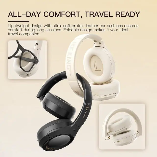 Alt view image 7 of 7 - King Pro + Wireless Over-Ear Bluetooth Headphones with 48dB Active Noise Cancellation(ANC), HiFi Hi-Res Sound,Transparency Mode,125H Playback, Detachable Wireless Mic,Wired Audio (Black)