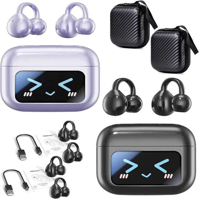 Main image of M100 Clip on Ear Headphones, Open Ear Clip Bluetooth Headphones Wireless Earbuds with LCD Full Color Touch Screen for Music & Phone Calls, Sport Waterproof & Sweatproof (Black+Purple)