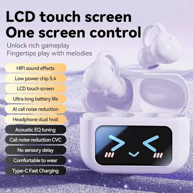 Alt view image 2 of 7 - M100 Clip on Ear Headphones, Open Ear Clip Bluetooth Headphones Wireless Earbuds with LCD Full Color Touch Screen for Music & Phone Calls, Sport Waterproof & Sweatproof (Black+Purple)