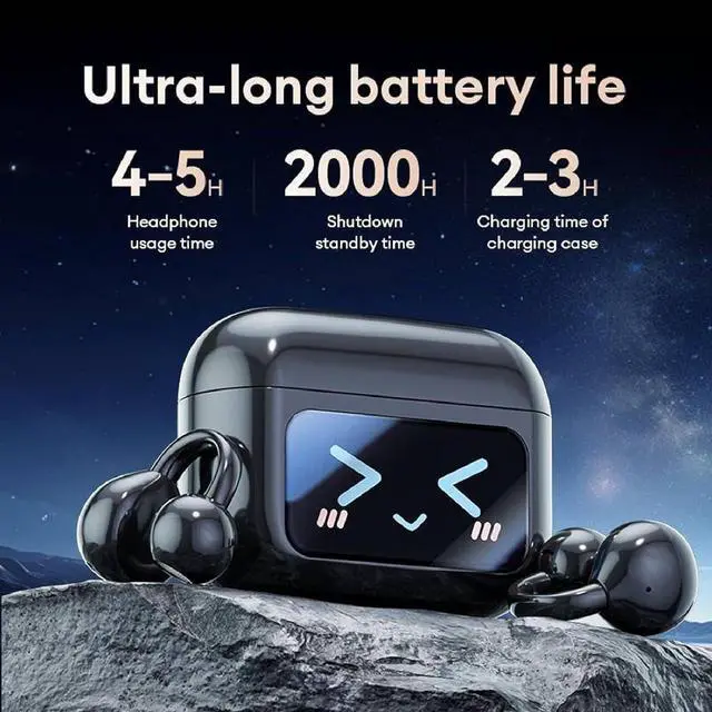 Alt view image 4 of 7 - M100 Clip on Ear Headphones, Open Ear Clip Bluetooth Headphones Wireless Earbuds with LCD Full Color Touch Screen for Music & Phone Calls, Sport Waterproof & Sweatproof (Black+Purple)