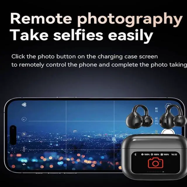 Alt view image 7 of 7 - M100 Clip on Ear Headphones, Open Ear Clip Bluetooth Headphones Wireless Earbuds with LCD Full Color Touch Screen for Music & Phone Calls, Sport Waterproof & Sweatproof (Black+Purple)