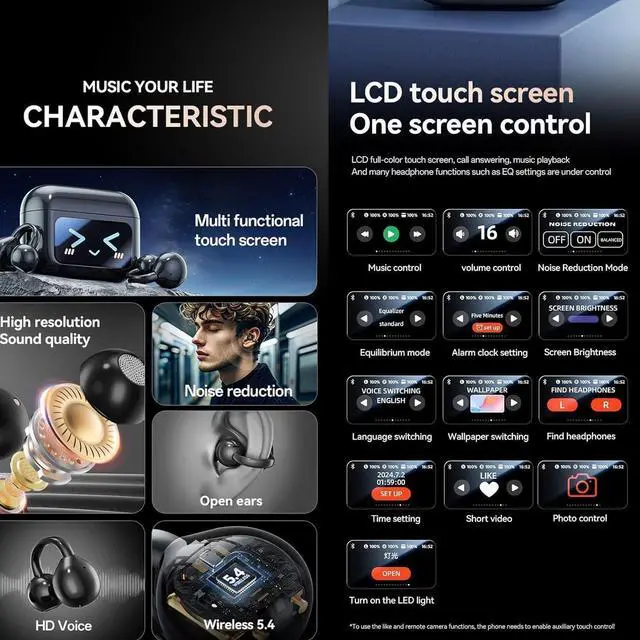 Alt view image 7 of 7 - M100 Clip On Ear Headphones with Audio-Visual Future Touch Screen, Bluetooth Wireless Open Ear Clip Earbuds for Music & Phone Calls, Sport Waterproof & Sweatproof (C)