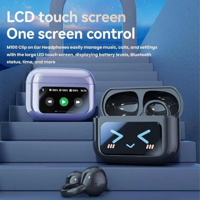 Alt view image 4 of 7 - M100 Clip on Ear Headphones with Audio-visual Future Touch Screen, Smart Touchscreen Bluetooth Earbuds, Open Ear Clip Bluetooth Headphones Wireless Earbuds for Music & Phone Calls (Black+Purple)