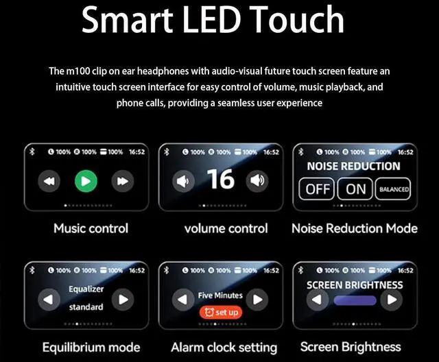 Alt view image 2 of 7 - M100 Clip On Ear Headphones, Co2 Clip Earbuds, Audio Wireless Headphones for Music & Phone Calls, Slim Hook Design, Waterproof & Comfortable, Smart Touch Control (Black&Purple)