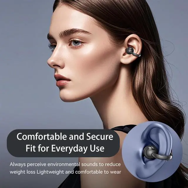 Alt view image 4 of 7 - M100 Clip On Ear Headphones, Co2 Clip Earbuds, Audio Wireless Headphones for Music & Phone Calls, Slim Hook Design, Waterproof & Comfortable, Smart Touch Control (Black&Purple)