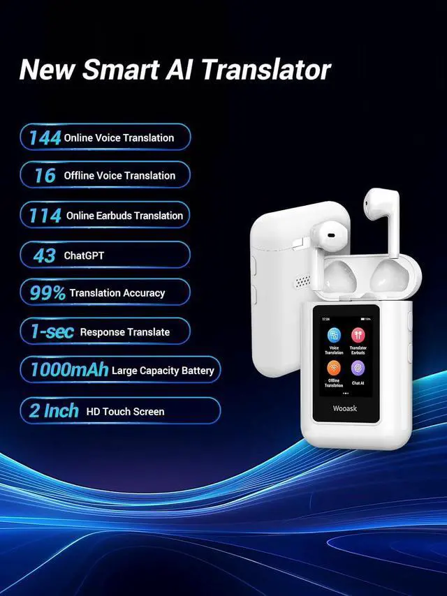 Alt view image 2 of 7 - Wooask A8 Translation Earbuds, AI Translation Earbuds Real Time No APP Needed, No Subscription, 2025 Latest Two-Way Translator Device Support ChatGPT/Recording for Travel, Business, Learning Language