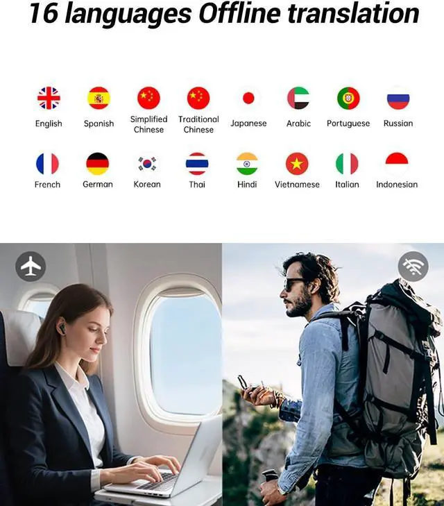 Alt view image 6 of 7 - Wooask A8 Translation Earbuds, AI Translation Earbuds Real Time No APP Needed, No Subscription, 2025 Latest Two-Way Translator Device Support ChatGPT/Recording for Travel, Business, Learning Language