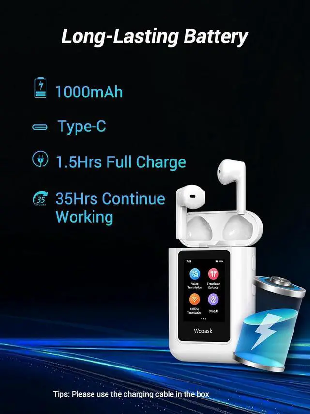 Alt view image 7 of 7 - Wooask A8 Translation Earbuds, AI Translation Earbuds Real Time No APP Needed, No Subscription, 2025 Latest Two-Way Translator Device Support ChatGPT/Recording for Travel, Business, Learning Language