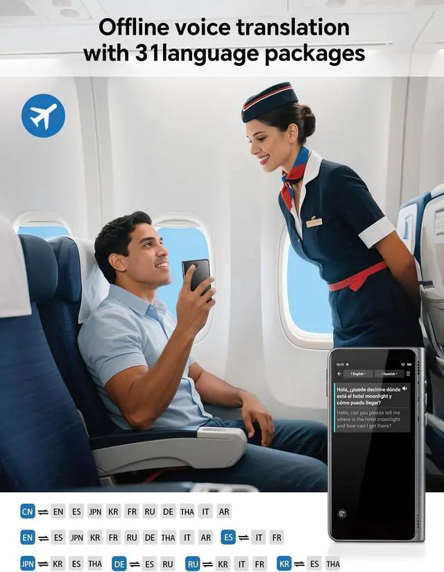 Alt view image 2 of 6 - Timekettle Fluentalk New T1 Translator Device Supports 40 Languages, 31+ Offline Language Pairs, Photo Translation, No WiFi Needed, 2-Year Global Data, 4" HD Screen for Travel