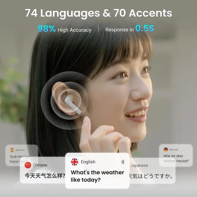 Alt view image 3 of 7 - Wooask ChatGPT Translator Earbuds A8 TransBuds | AI Offline Translator with Touchscreen & Independent Operation | No App Needed | Real-Time Translation in 144 Languages | in-Ear & Speaker Modes