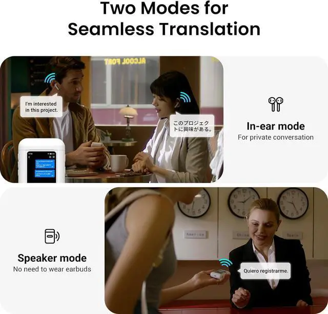 Alt view image 6 of 7 - Wooask ChatGPT Translator Earbuds A8 TransBuds | AI Offline Translator with Touchscreen & Independent Operation | No App Needed | Real-Time Translation in 144 Languages | in-Ear & Speaker Modes