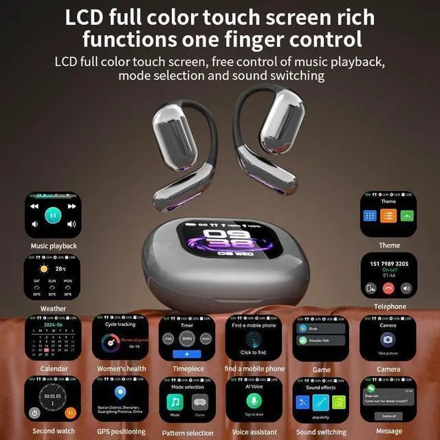 Alt view image 2 of 7 - AI Real-Time Translation Earbuds, Wireless Bluetooth Earbuds with 144 Languages, Two-Way Translator Earbuds, Noise Cancelling, with LCD Touch Screen for Pad Tablet Laptop Android/iOS Phones, Gray
