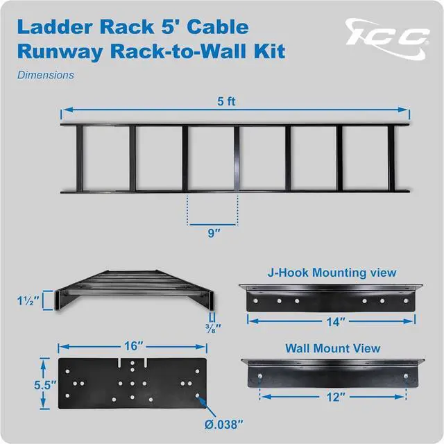 Alt view image 7 of 7 - Ladder Rack 5-Foot Cable Runway Network Rack-to-Wall Mount Kit  Includes 5' Ladder Rack, Mounting Brackets & Hardware, Made in USA