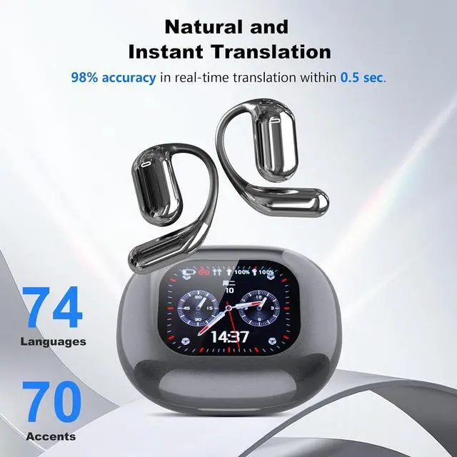Alt view image 5 of 7 - AI Real-Time Translation Earbuds, Wireless Bluetooth Earbuds with 144 Languages, Two-Way Translator Earbuds, Noise Cancelling, with LCD Touch Screen for Pad Tablet Laptop Android/iOS Phones, Gray