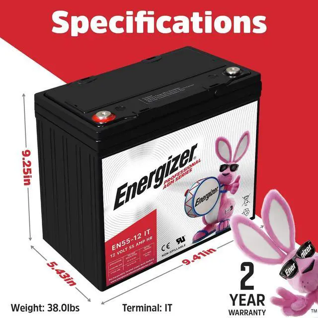 Alt view image 2 of 6 - Energizer EN55-12IT, 12 Volt 55 Amp Hr, Long Lasting Sealed Lead Acid AGM Rechargeable Battery Ideal for Use in Electric Scooters, Wheelchairs, Emergency Lighting, Backup Power, and More