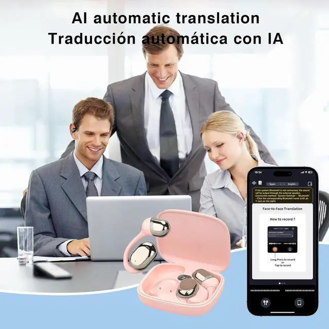 Alt view image 2 of 4 - ZIHNIC S05A Wireless 4-Mode Translation Earphones - Real-Time Language Translation, 150+Languages Included, Comfortable Ear Hooks, IPX5 Waterproof, Compatible with Phone, Android Phone-Pink