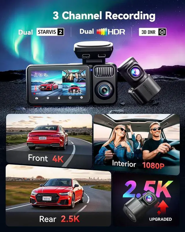 Alt view image 2 of 7 - REDTIGER F17 Elite 4K 3 Channel Dash Cam, STARVIS 2 IMX678 & IMX675, 128GB Card, Full Night Color, 4K+2.5K+1080P Front and Rear Inside, Touch Screen, Voice Control, 5GHz WiFi 6, GPS, HDR, Parking Mode