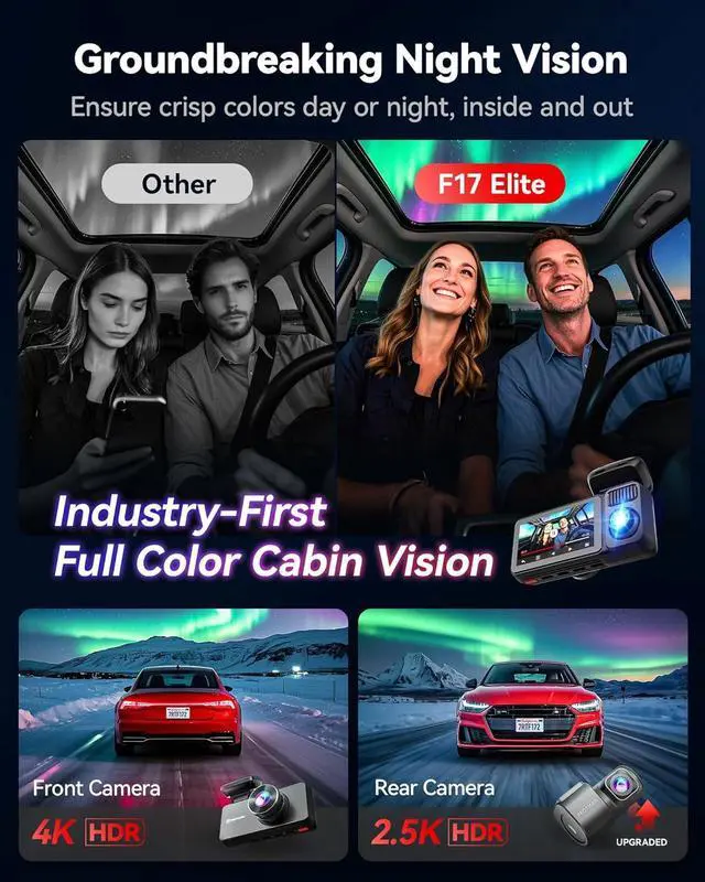 Alt view image 3 of 7 - REDTIGER F17 Elite 4K 3 Channel Dash Cam, STARVIS 2 IMX678 & IMX675, 128GB Card, Full Night Color, 4K+2.5K+1080P Front and Rear Inside, Touch Screen, Voice Control, 5GHz WiFi 6, GPS, HDR, Parking Mode