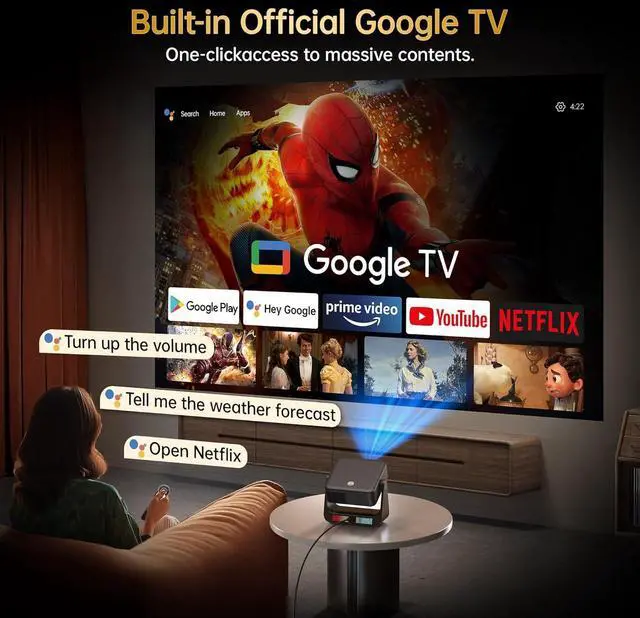 Alt view image 2 of 7 - Buit-in Google TV & Voice ControlSmart Projector with WiFi 6 and Bluetooth, 4K Support Movie Outdoor Projectors Compatible with Netflix/Prime Video/YouTube, Auto Focus Home Proyector 180°Stand