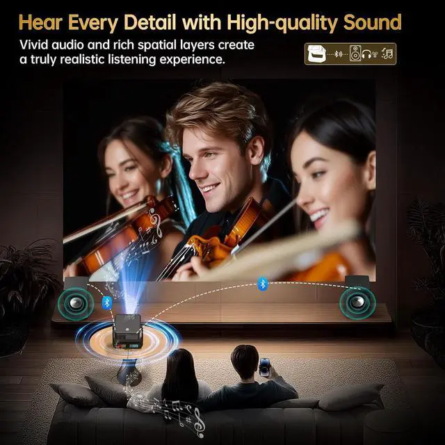 Alt view image 6 of 7 - Buit-in Google TV & Voice ControlSmart Projector with WiFi 6 and Bluetooth, 4K Support Movie Outdoor Projectors Compatible with Netflix/Prime Video/YouTube, Auto Focus Home Proyector 180°Stand