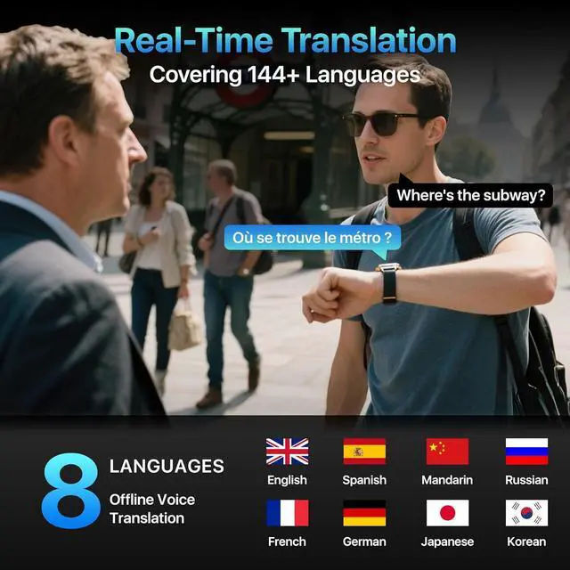 Alt view image 7 of 7 - AI ChatGPT Translator Watch, Fitness Tracking, Heart Rate & Sleep Monitor, OLED Display, Titanium Alloy IP68 Waterproof, Multi-Sport Modes, Black