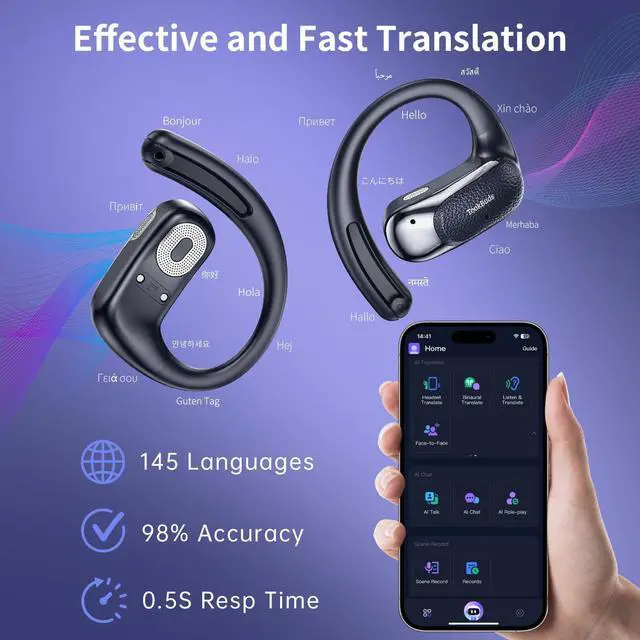 Alt view image 2 of 7 - AI Translation Earbuds Real-Time, 3-in-1 Open-Ear Headphones with 145 Languages & Accents, Bluetooth 5.4 Translator Earbuds, 60H Battery, HD Audio, for Travel Business (Midnight Blue)