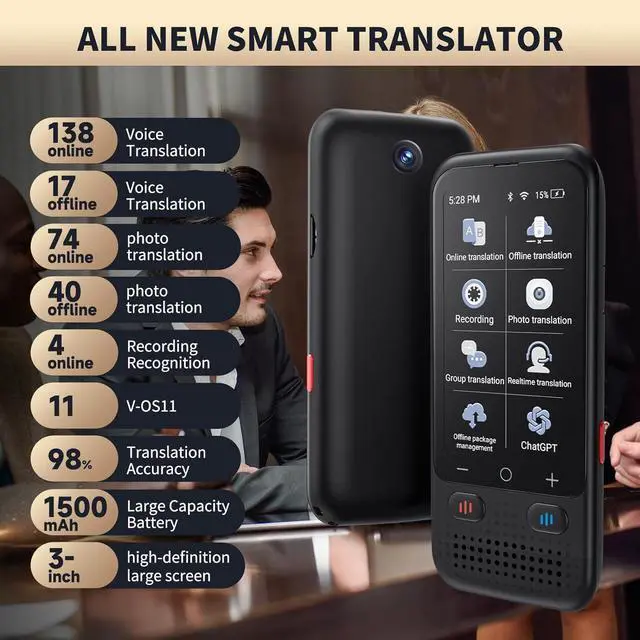 Alt view image 2 of 7 - Language Translator Device, Upgraded ChatGpt AI Translator No WiFi Needed, 150+ Languages Two Way Real-Time Voice Translation, Offline&Recording&Photo Translation for Travel Business Learning