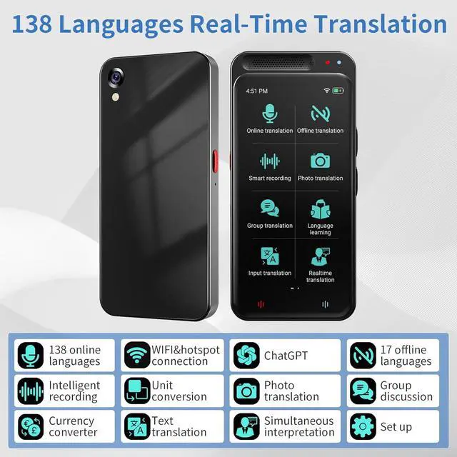 Alt view image 2 of 7 - Language Translator Device 138 Languages Two-Way Instant Translator Device, Accuracy Real-time Voice Translation with 4" 1 HD Screen Support Offline&Chatgpt&Record&Photo Translation