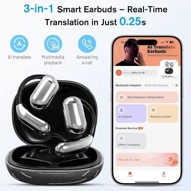 Alt view image 2 of 7 - Ai Translation Earbuds Real Time 2025 Upgrade, Language Translator Earbuds 3 in 1, 144 Languages Ai Translating, Headphone Fit iOS and Android, AI Noise Reduction,No Subscription (Dark Grey)