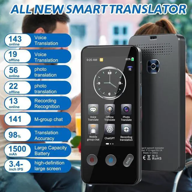 Alt view image 4 of 7 - Language Translator Device, 2025 Latest 143+ Languages Translator, Two-Way AI Voice Instant Translator,Supports Voice/Text/Offline/Photo, for Travel, Business,Study(Black)