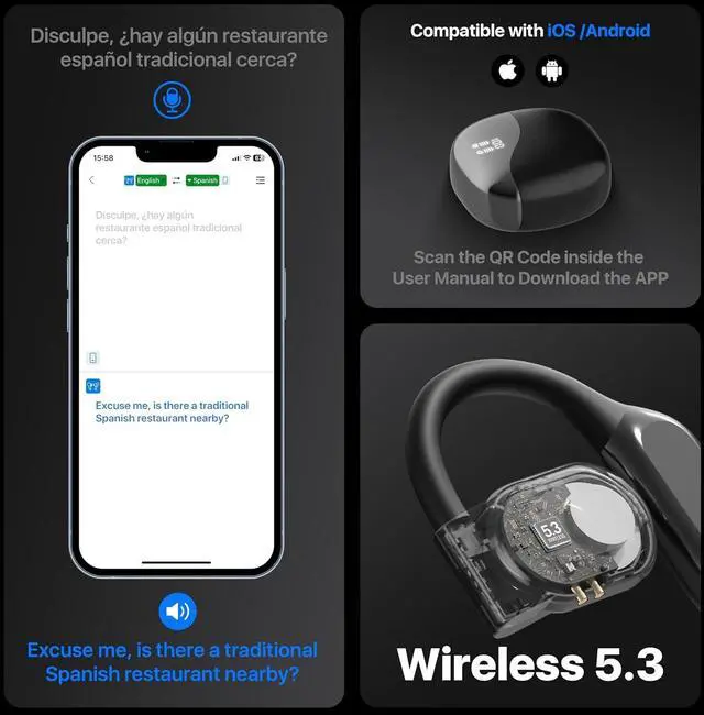 Alt view image 6 of 6 - AI Language Translator Earbuds, OWS Real-Time 3-in-1 Translation Earbuds 144 Languages & Accents, Translation Device for Travel Business LearningBlack